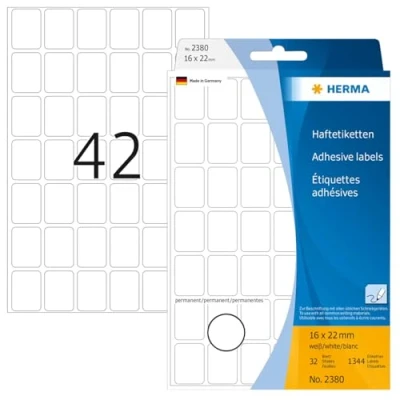 Bild av HERMA 2380 multifunktionsetiketter mini (16 x 22 mm, 32 ark, papper, matt) självhäftande, permanenta hushållsetiketter för handskriven märkning, 1 344 klistermärken, vit