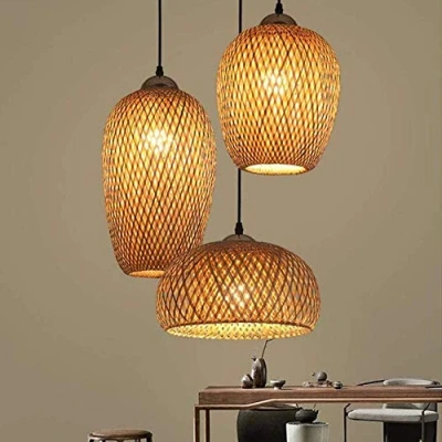 Bild av Rattan Bambus Pendelleuchte Retro Stil Laterne Kronleuchter Antik Holz Esszimmer Lampe Landhaus Hängelampe Wicker Lampenschirm Schlafzimmer Wohnzimmer Deckenlampe E27 Pendellampe 3 Leuchte Y