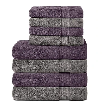 Bild av Komfortec 8 pack handduksset i 100% bomull, 4 badhanddukar 70 x 140 och handdukar 50 100 cm, frotté, mjuk, stor, antracit grå/lila