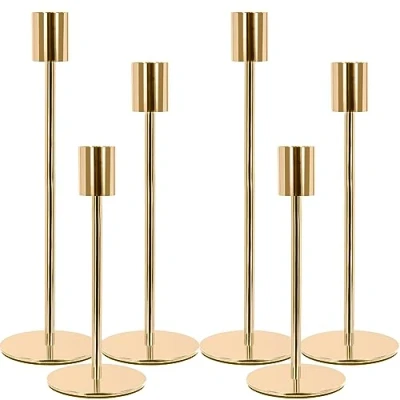 Bild av MOYKSRR Metallljusstakar, kandelaber Set med 6 guldljusstakar i tre olika storlekar 22,3/27,2/32,1 cm, för 2,2 cm koniska ljus, ljusstake bröllop, födelsedagar, jul, middag levande ljus