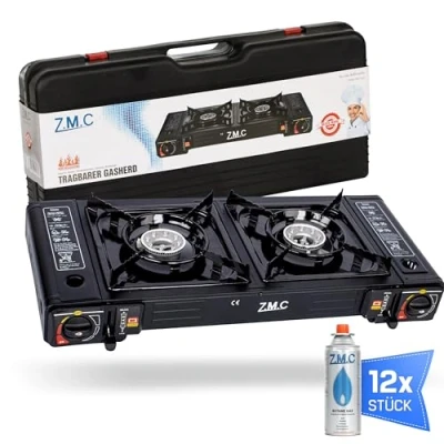 Bild av Z.M.C.M.C Camping gasspis med 2 lampor inklusive adapter för LPG anslutning + 12 gaspatroner 227 g, campingspis piezotändning utomhus och inomhusbruk
