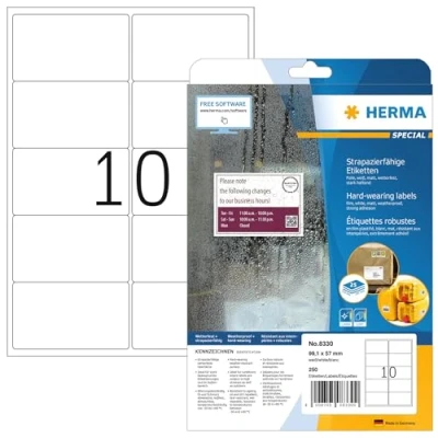 Bild av HERMA 8330 väderbeständiga folie fraktetiketter A4 (99,1 x 57 mm, 25 ark, polyesterfolie, matt) självhäftande, utskrivbara, extremt stark häftande adressetiketter, 250 klistermärken, vit