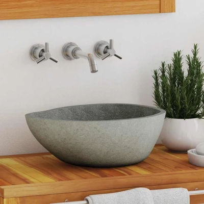 Bild av vidaXL Lavabo en Pierre de Rivière Ovale, Lave Mains, Vasque à Poser Toilette Salle d&#039;Eau Bain Maison, (37 46) x(29 36) cm