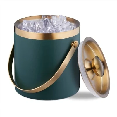 Bild av Relaxdays Isbitsbehållare, rostfritt stål, dubbelväggig, ishink med lock och handtag, 1,5 l, isbitskub, grön/guld