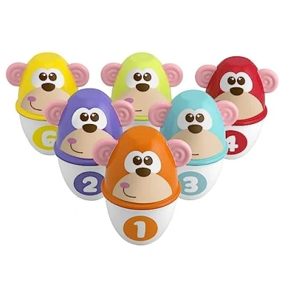 Bild av Chicco Monkey Strike Bowling Pins Children Set med 6 separerbara stift, stapelbara i 12 stycken, ljusboll ingår Spel och presenter för barn 18 månader 8 år
