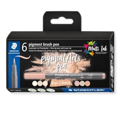 Bild av STAEDTLER Penselpennor, pigment konst, premium serie, penselspets för variabel linjebredd, vattentät, snabbtorkande, 6 penselpennor i olika färger kartongfodral, 371 C6