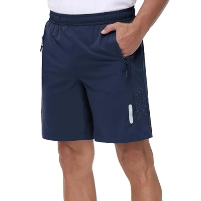 Bild av Rvinroo Sportshorts för män 8 tum med blixtlåsficka snabbtorkande tekniskt tyg löpning, gym, avslappnad promenad och lätt basket ventilerande träningsshorts, Marinblå, XL
