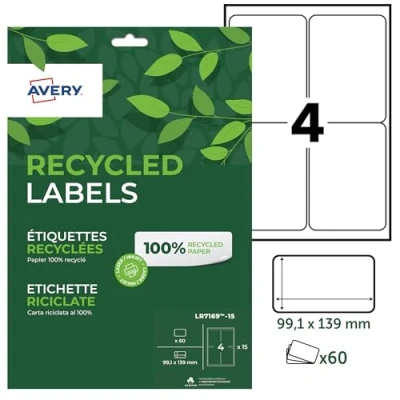 Bild av AVERY Förpackning med 60 st 100% återvunna självhäftande etiketter, anpassningsbara och utskrivbara etiketter i storlek 99,1 x 139 mm. Laser bläckstråleutskrift (LR7169 15)