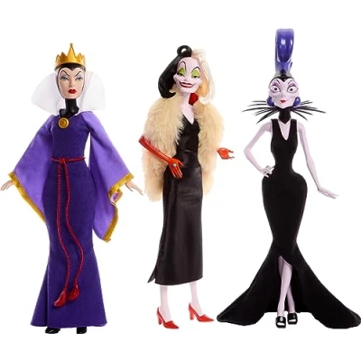 Bild av Mattel Disney skurkar, modedockorna Den elaka drottningen, Cruella de Vil och Yzma, inspirerade av filmer, presenter till barn samlare HRF56