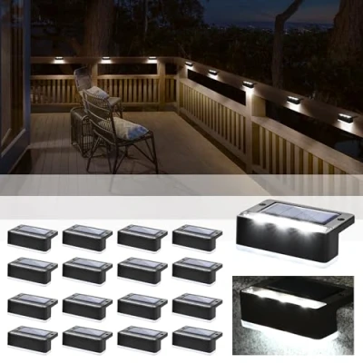 Bild av Solpex Solstegslampor 16 pack, soldrivna utomhuslampor för staket, IP65, vattentäta utomhusLED lampor däck, veranda, trappgård, trädgård, uteplats, pooldekorationer (svart, vit)