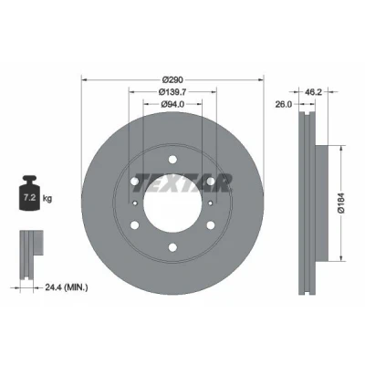 Bild av TEXTAR PRO 92167103 Disque de frein 290 26 06/08 139,7 ventilé l&#039;intérieur revêtu sans boulon fix roue, moyeu roue