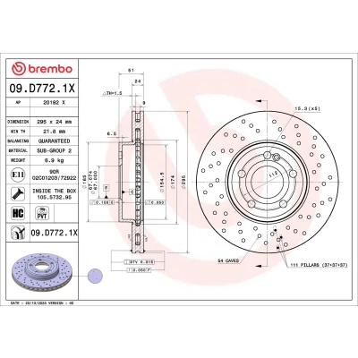 Bild av BREMBO Bromsskiva MERCEDES BENZ: A klass, CLA Coupe, Shooting Brake 295mm 24mm 5 Hålad/ventilerad invändigt belagd höguppkolat 09.D772.1X
