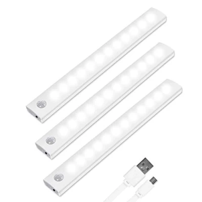 Bild av Vicloon rörelsesensorlampor, 3 st skåpljus 12 LED belysning under skåp, Auto On/Off, Trådlöst USB Uppladdningsbart skåp Nattlampa med magnetremsa för garderob, trappor (vanlig vit)