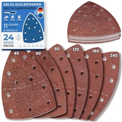 Bild av EffektWerk Delta Sandpapers (24 Pack, 11 Holes), 105 x 152mm Triangular Sanding Pads for Mouse Sanders, Multiple Grit Size (40, 60, 80, 120, 180, 240)