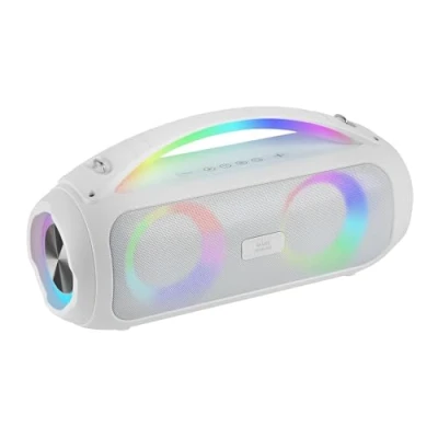 Bild av MARSGAMING MS PULSE, Bärbar Bluetooth högtalare 50W RMS, RGB belysning, 2 Aktiva Drivers 93mm + Passiva Ultra Bass, Handsfree funktion, USB/MicroSD/AUX/FM, Handtag och Avtagbar Rem, Vit