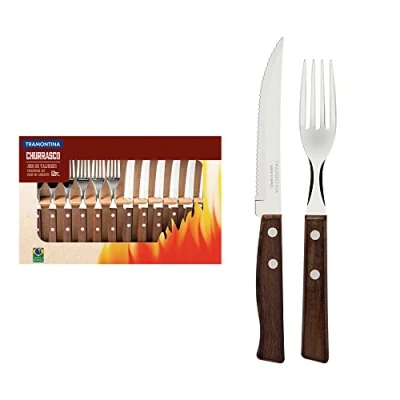 Bild av Tramontina bestickset med stekknivar, 12 delar vass kniv och gaffel set trähandtag, Camping, kök, rustik, 2299002