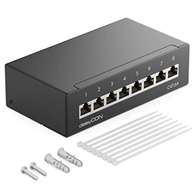 Bild av deleyCON CAT 6a Patchpanel 8 Portar 1U Bords och Väggmontering Skärmad 8x RJ45 Uttag LAN Nätverksinstallationskabel TIA568A TIA568B RAL 9005 Svart