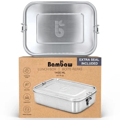 Bild av Bambaw Måltidslåda i Rostfritt Stål 1400 ml BPA fri Drickslåda Lufttät Bento Lunchlåda Med Fack Vattentät