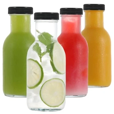 Bild av LIMILI Glasjuiceflaskor med lock, 4 pack 250 ml återanvändbara glasflaskor mejeridricksflaskor klara för hemmagjorda drycker picknick resa skola