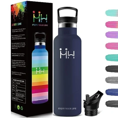 Bild av HoneyHolly Termosflaska, 500 ml BPA fri, drickflaska i rostfritt stål, läckagesäker isoleringsflaska, dubbelväggig, termoskanna, med sugrör, lämplig för kolsyra