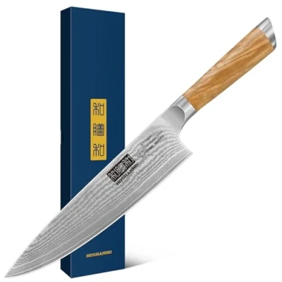 Bild av HOSHANHO Damast Kökskniv, 20 cm Professionell Japansk Kockkniv i stål 67 lager, Superskarp Kökskniv Handtag Olivträ