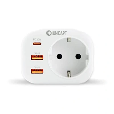 Bild av Unidapt Vägguttag med snabbladdningsfunktion Snabbladdare USB C, Adapteruttag 1AC och 3 Portar 2 A QC 3.0 1 C port PD 20W, 4000W (16A)
