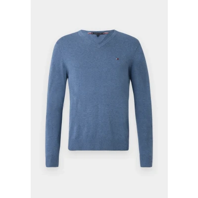 Bild av Tommy Hilfiger herr Essential bomull V hals MW0MW14745 pullover tröja, blå, XS, Blå (Petrol Blue Heather), XS