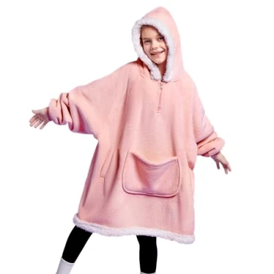 Bild av Giggling Getup bärbar filt huvtröja för barn pojkar och flickor överdimensionerad flanell sherpa fleece huvfilt, ROSA, one size