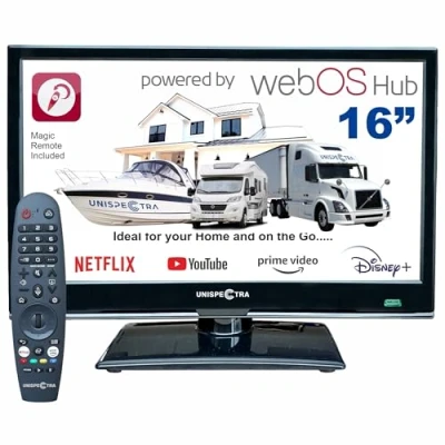 Bild av Unispectra ® 16 12V Smart TV (webOS) + Magic Remote, ELED Full HD 230v 24v TV, Triple Tuner DVB T2/S2/C. 3xHDMI, 2xUSB. apparater för husbilar, husvagns lastbilar, båtar