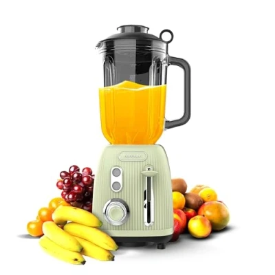 Bild av Cecotec Blender Retro Power Black Titanium RetroGreen. Maximal effekt på 1 200 W, 2 hastigheter, 4 blad med svart titanbeläggning och 1,5 l tank, vintage grön design
