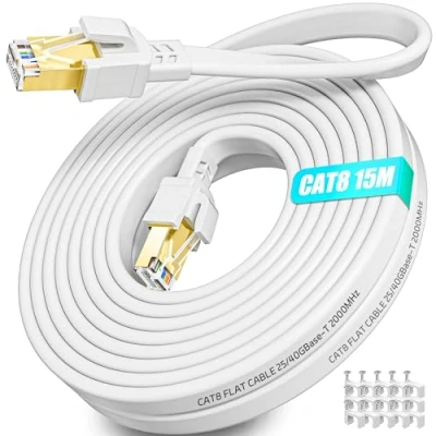 Bild av Cat 8 Nätverkskabel 15m, RJ45 Ethernet Kabel Höghastighets LAN 15m 40Gbps 2000MHz Skärmad Gigabit Cable Platt Patchkabel Lång Internetkabel för Switch, Router, Modem, PS4, PS5