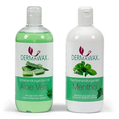 Bild av Dermawax vaxning för och efterbehandlingsset hudvård tonande förbehandlingslotion Cleanser med aloe vera efterbehandlingsmjölk mentol avlägsnar vaxrester vårdar huden