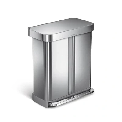 Bild av simplehuman 58 liter/15,3 gallon rektangulär handsfree dubbelfack återvinning kök steg papperskorg med mjuk stängningslock, borstat rostfritt stål