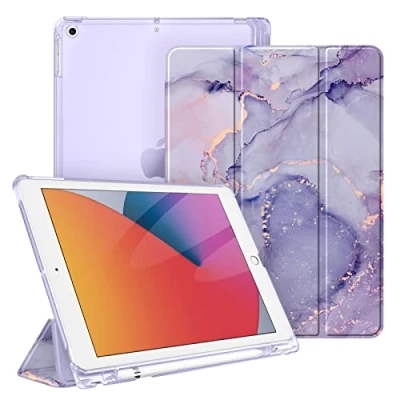 Bild av Fintie fodral för iPad nionde Generation 2021/8. Gen 2020/7. 2019 10,2 tum med pennhållare, ultratunt lätt skyddsfodral genomskinlig baksida och automatisk sömn/väckningsfunktion, lila marmor