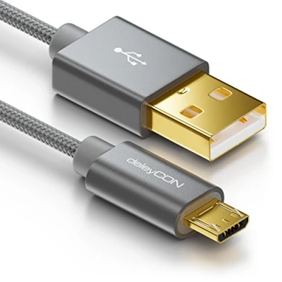 Bild av deleyCON Micro USB Kabel 2m Nylon + Metallkontakt Laddningskabel Datakabel Snabbladdningskabel Smartphone Läsplatta PC Bärbar Dator Notebook Grå