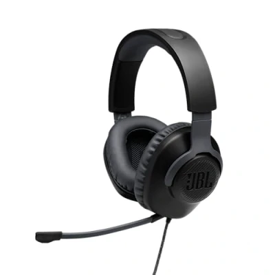 Bild av JBL Quantum 100 Over Ear kabelanslutna gaming hörlurar med avtagbar mikrofon, kompatibla olika spelplattformar, svart