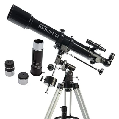 Bild av Celestron 21037 PowerSeeker 70EQ refraktorteleskop innehåller två okularlinser, upprätt bilddiagonal, 3x Barlow lins, höjdjusterbar tripod och De lux tillbehörsfack, svart
