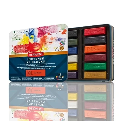 Bild av Derwent Inktense 12 XL Kritor i Plåtask, Set om 12, 60 mm Extra Stora Kritor, Vattenlösliga, Perfekta för Skisser, Teckningar och Markeringar, Konstnärskvalitet, 2306162