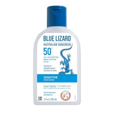 Bild av BLUE LIZARD Sensitive Mineral Sunscreen with Zinc Oxide, SPF 50+, Water Resistant, UVA/UVB Protection Smart Bottle Technology Fragrance Free, 5 oz