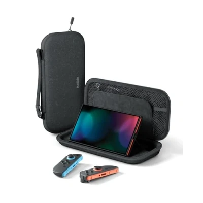 Bild av Belkin Gaming Nintendo Switch 2 reseväska med hållare för AirTag och ficka spelförvaring bärbar lätt väska hårt skal mjuk insida, nödvändiga speltillbehör resan Mörkgrå