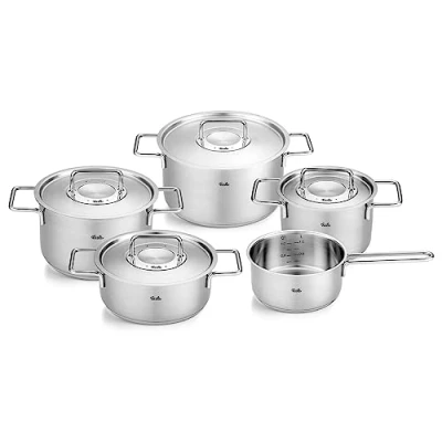 Bild av Fissler Pure Collection/kastrullset i rostfritt stål, 5 delar, krukor med metalllock (3 kastruller, 1 stekpanna kastrull) induktion