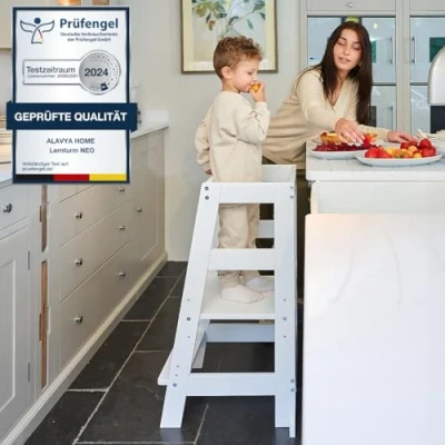 Bild av Alavya Home® Neo Inlärningstorn från 1 år pallkökshjäp, tippskydd, av bokträ, kan belastas upp till 70 kg, justerbar höjd, learning tower, 3 nivåer, Montessoriinlärningstorn för barn, antracit