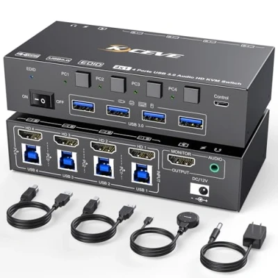 Bild av USB 3.0 KVM switch HDMI 4 portar 8K@60Hz, Camgeet PC 1 skärm switch, EDID simulering, för datorer delar bildskärm och portar, med trådbunden fjärrkontroll, strömadapter