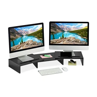 Bild av Relaxdays monitorstativ för 2 bildskärmar, utdragbart, justerbart skrivbord, PC arrangör, svart, 1 st