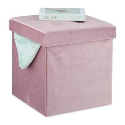 Bild av Relaxdays pall sammet, sittpall med förvaringsutrymme, vadderad, vikbar, H x B D: 38 cm, sittkub vardagsrum, rosa