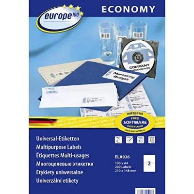 Bild av Europe100 Art. ELA026 Universella etiketter (200 självhäftande etiketter, 210 x 148,5 mm på A4, matt papper, individuellt tryckbara, fraktklistermärken, kompatibla med AVERY 3655) 100