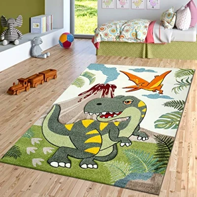Bild av TT Home Barnrum Kort Lugg Matta Dinosaurier Motiv Kontursnitt Grön Modern, Storlek:120x170 cm
