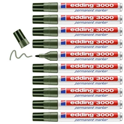 Bild av edding 3000 permanent markör olivgrön 10 pennor rund spets 1,5 3 mm snabbtorkande vattentät, fläckbeständig för kartong, plast, trä, metall universalmarkörer