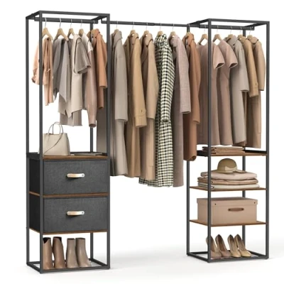 Bild av Songmics Klädställ, öppen garderob, garderob med hög belastning, 1 utdragbar stång, 2 lådor, 4 hyllor, för sovrum, utrymmesbesparande, vintagebrun RGR003B01