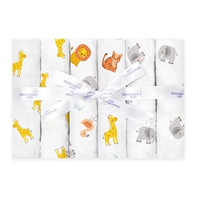 Bild av Bloomsbury Mill muslindukar för baby mjuka 100 % organiska bomullsmuslinfyrkanter babymuslins paket med 6 stora rapdukar babynödvändigheter nyfödda safaridjur 70 x cm